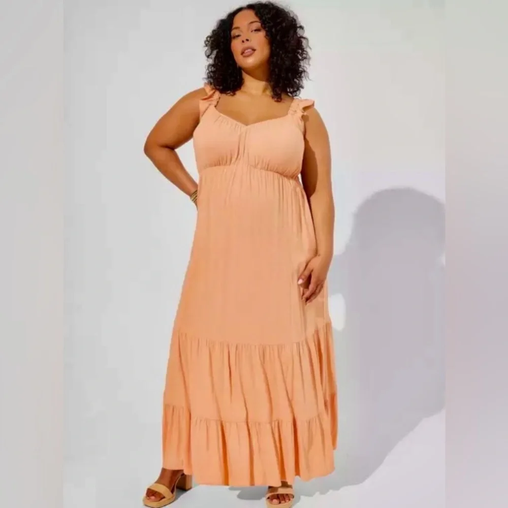 Torrid Peach Rayon Slub Ruffle Strap Tiered Maxi Dress - Size 2X - 18-20 - NWOT! - Picture 1 of 10